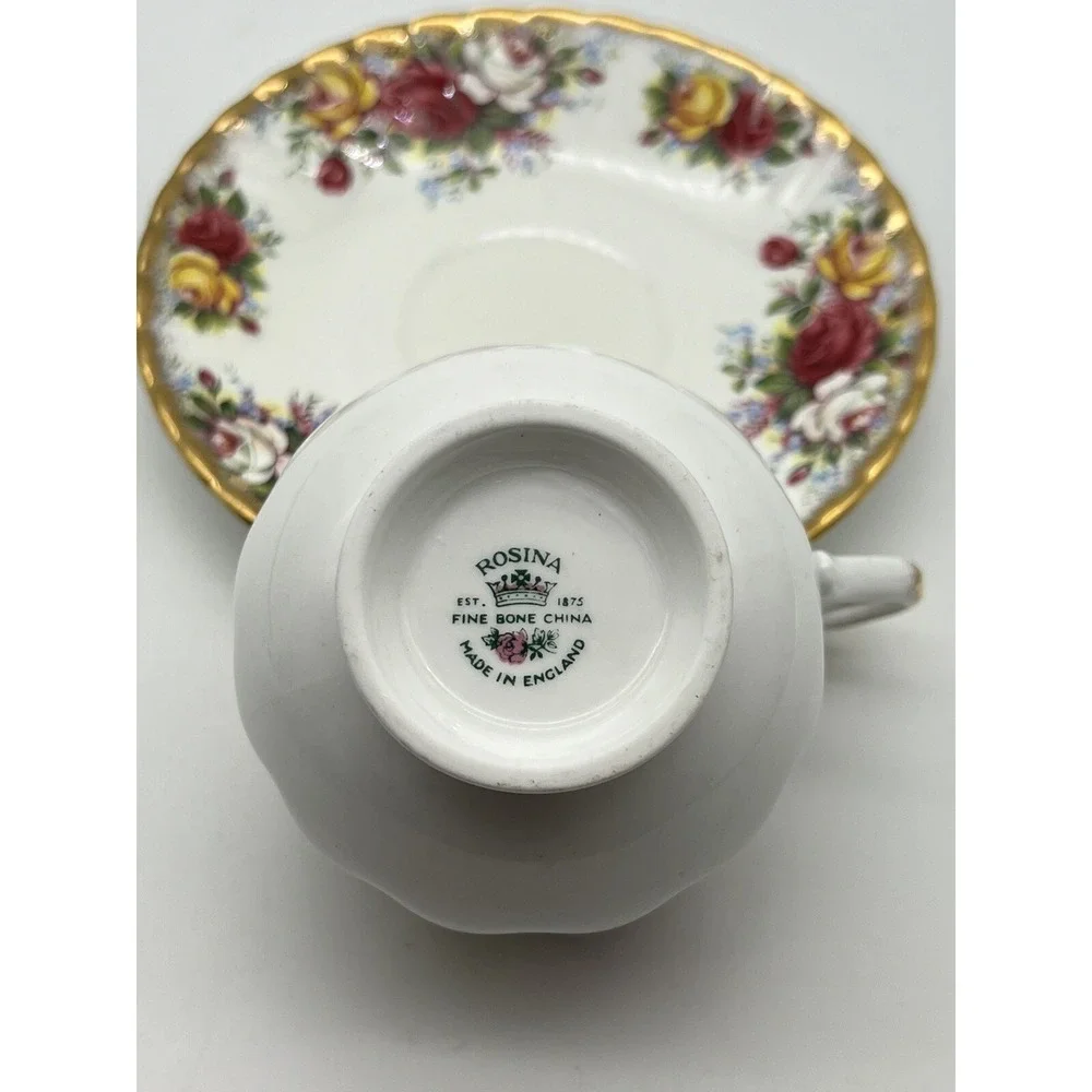Vintage Rosina Teacup & Saucer Fine Bone China England Yellow Pink Roses